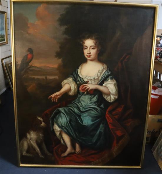Circle of Sir Peter Lely (1618-1680) Portrait of a child seated beside a spaniel, a perched parrot and landscape beyond 49.5 x 39in.